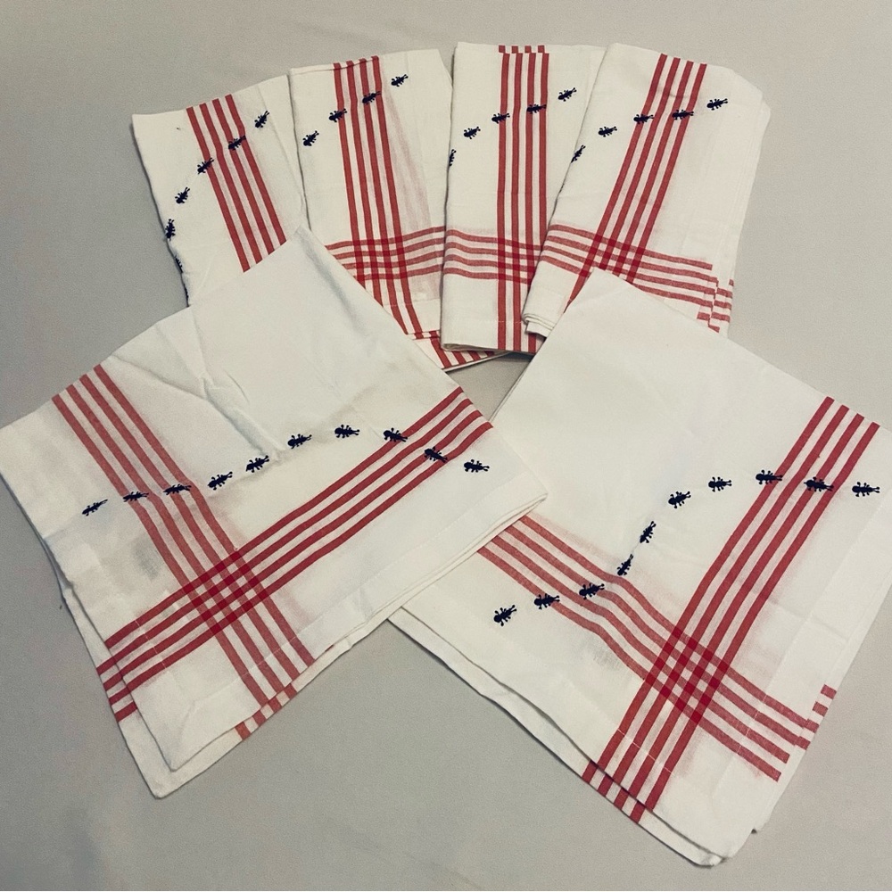 TAG Linen “Ants at a Picnic” Red and White Striped Napkins (6). NWOT